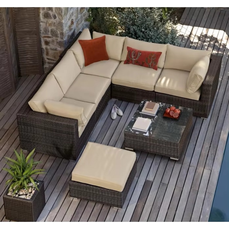 Outdoor Furniture Luxury - 6-Sitzer Kleine Garten-Sektionalsofas Couch-Möbel Rattan-Korbgeflecht Outdoor-Terrassen-Sitzgruppen