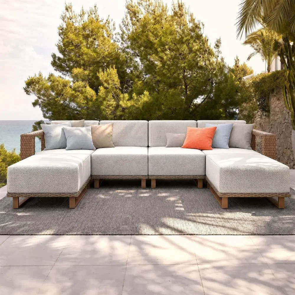 Outdoor Furniture Luxury - 6-teiliges Outdoor-Sofa-Set aus Korbgeflecht mit dicken